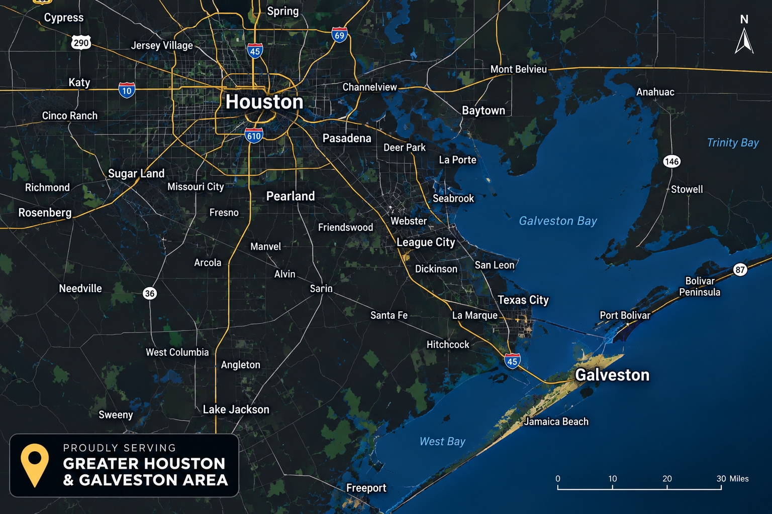 Map showing Houston, Galveston, and surrounding communities